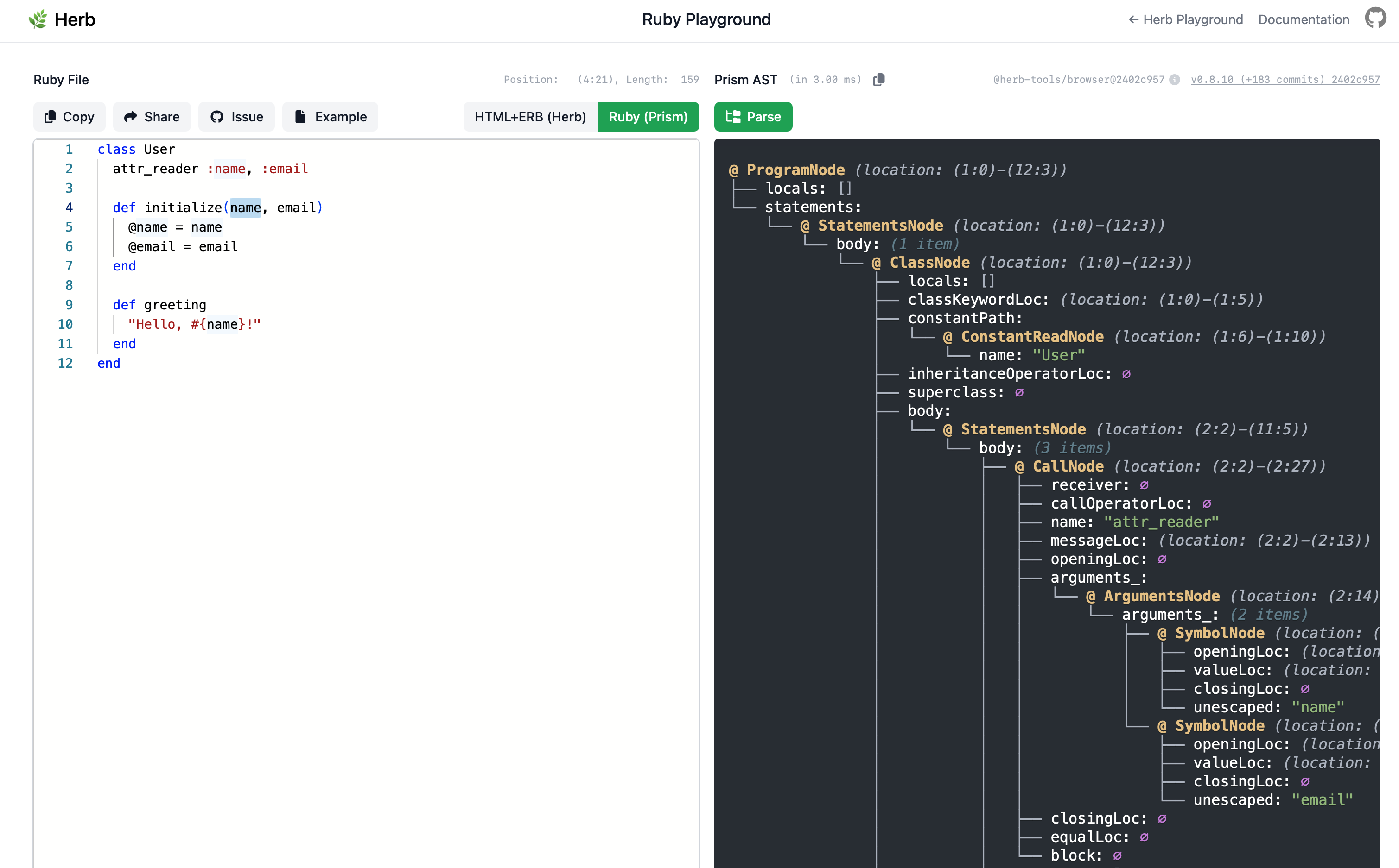 Ruby Prism playground showing the AST for a Ruby expression